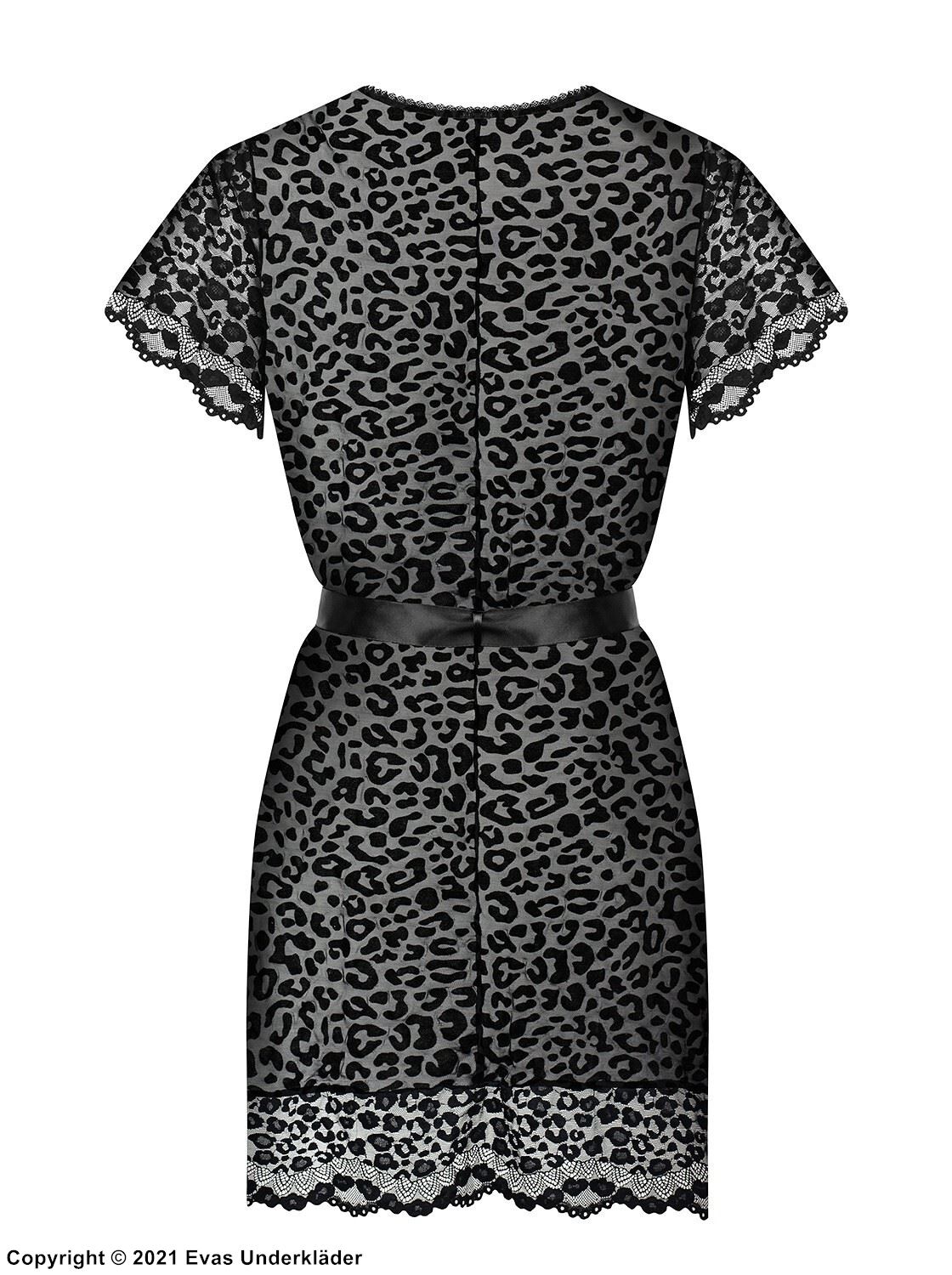 Romantic robe, satin bow, lace edge, short sleeves, leopard (pattern)